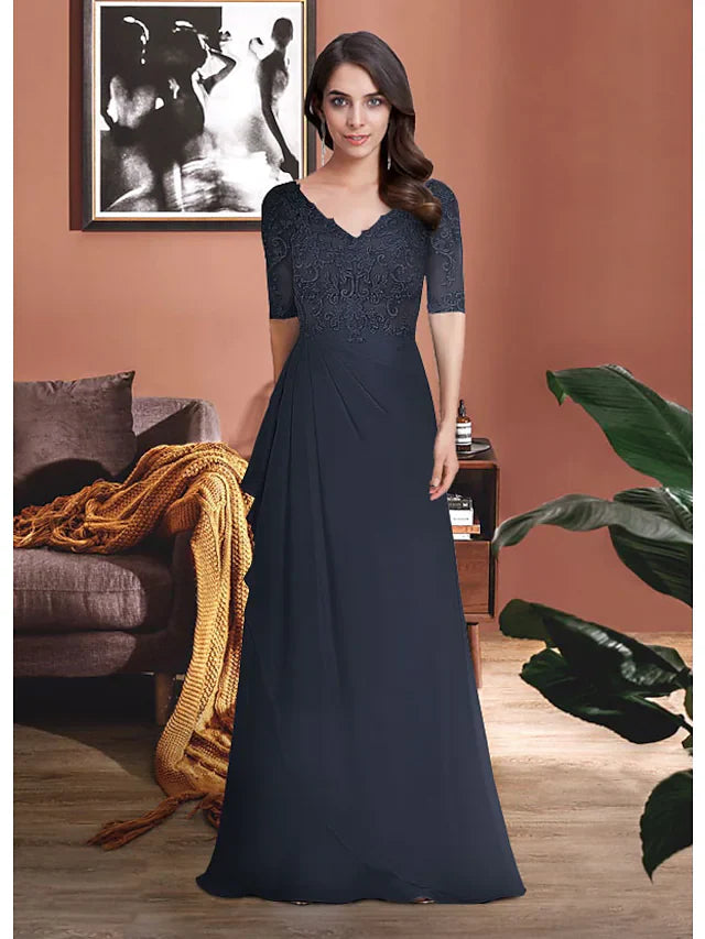 Wholesale Mother of the Bride Dress Elegant V Neck Chiffon Lace Half Sleeve with Appliques Ruching
